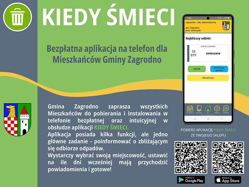 Aplikacja na telefon. "Kiedy Śmieci". Plakat informacyjny