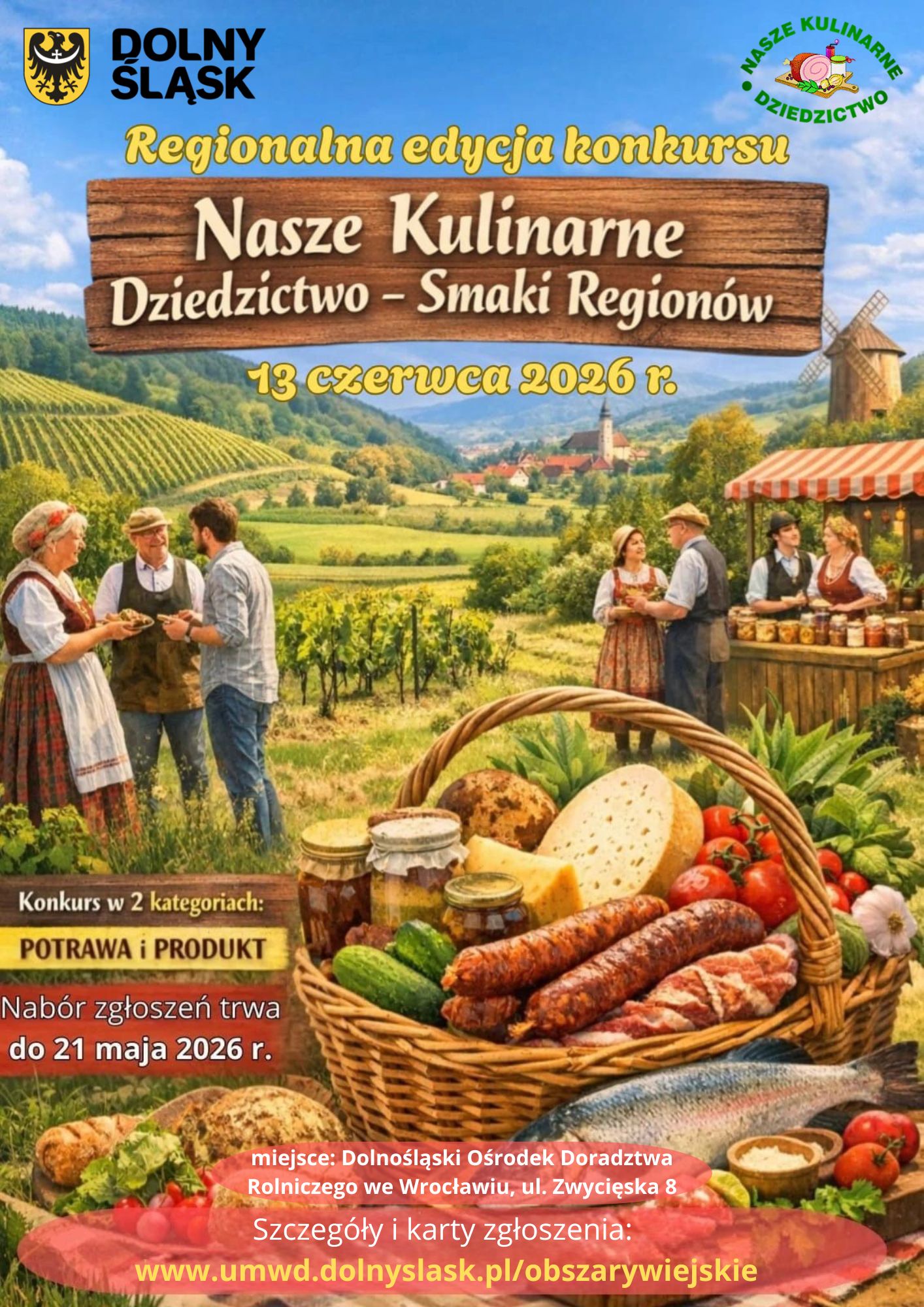 Zaproszenie do udziału w konkursie “Nasze Kulinarne Dziedzictwo – Smaki Regionów”. Plakat informacyjny.