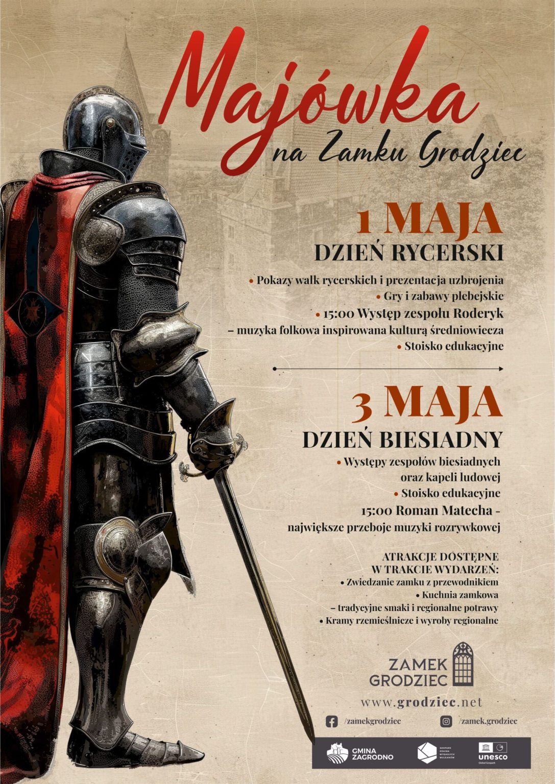 Majówka na Zamku Grodziec. Plakat informacyjny