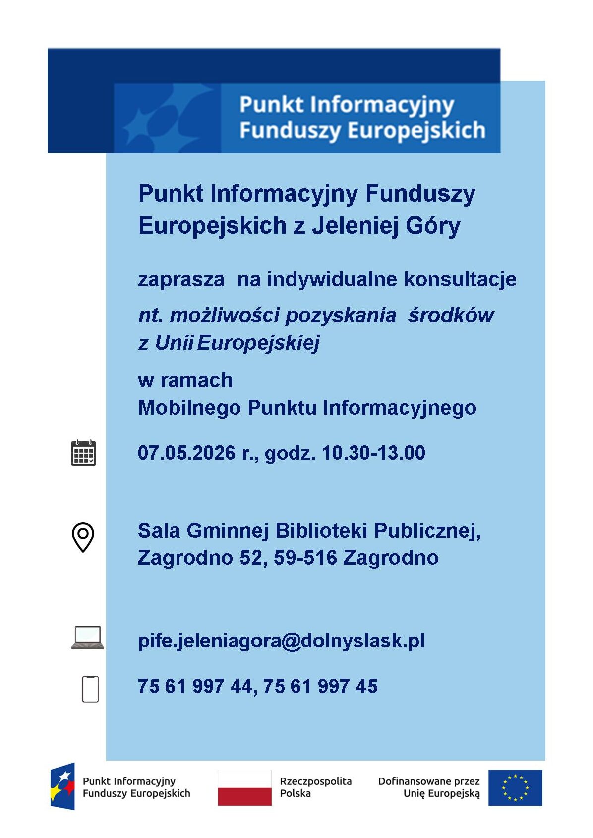 Mobilny Punkt Informacyjny Funduszy Europejskich w Zagrodnie. Ulotka informacyjna.