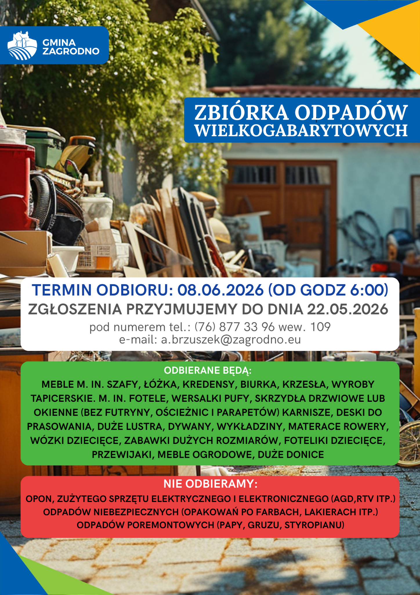 Zbiórka odpadów wielkogabarytowych. Plakat informacyjny.
