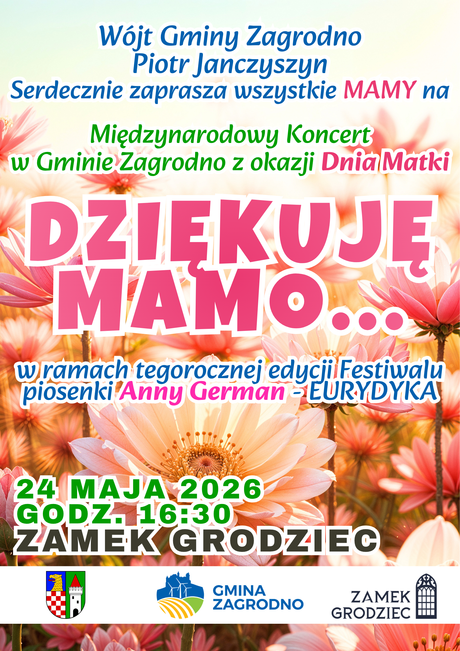 Międzynarodowy koncert z okazji Dnia Matki na Zamku Grodziec. Plakat informacyjny.